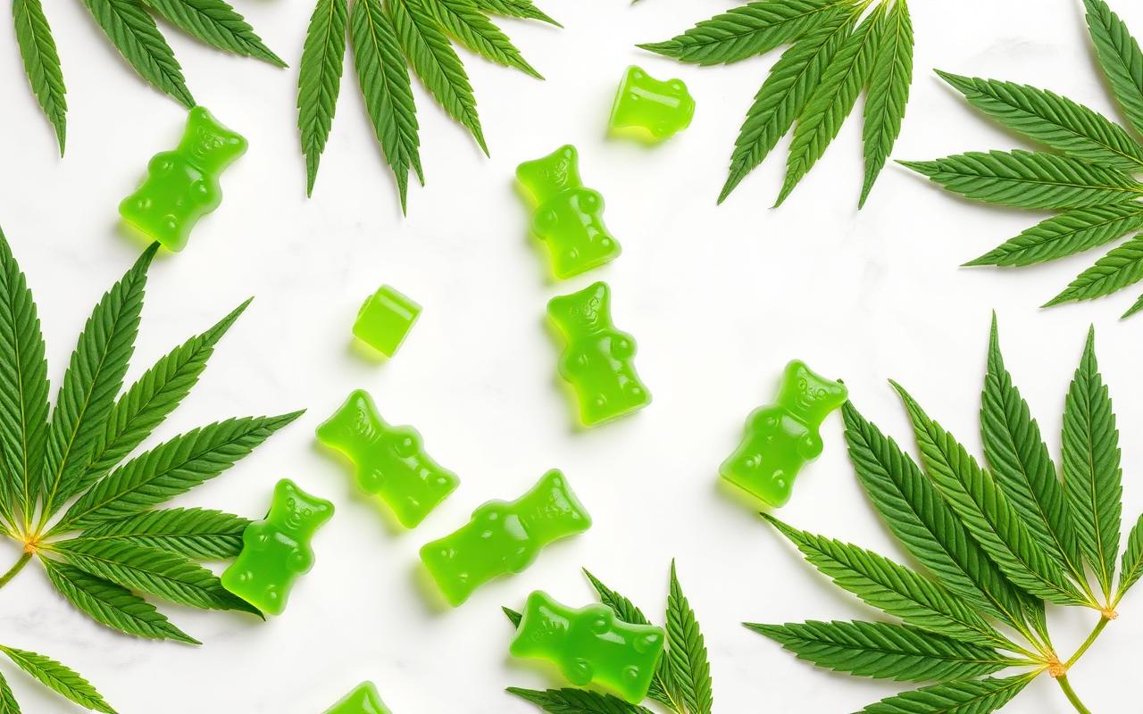 Green CBD gummies with hemp leaves